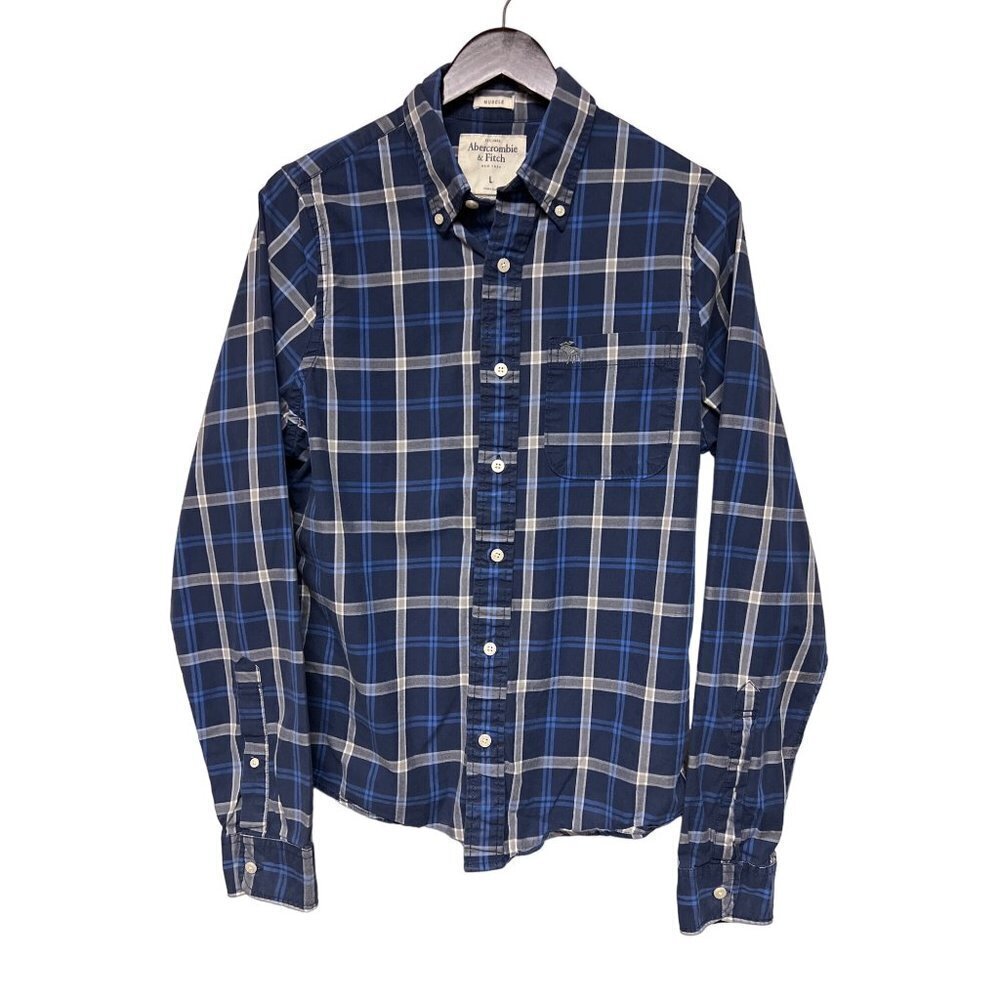 Abercrombie & Fitch Muscle Blue Plaid Button Down Collared Shirt Men's Large